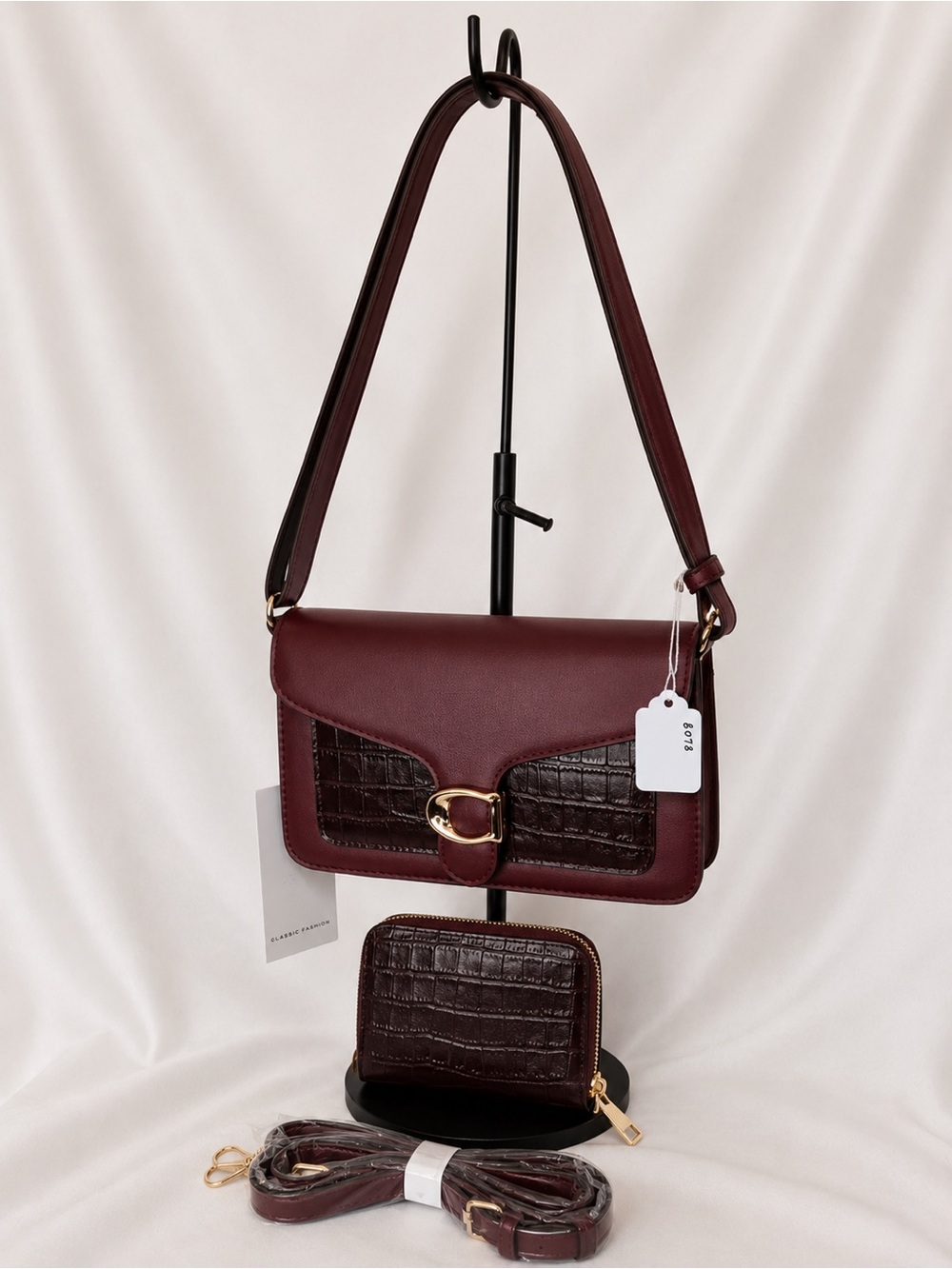 Women’s Burgundy Shoulder Bag with Croc-Texture Accent